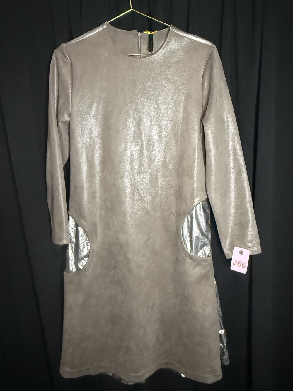 Metallic Gray Long Sleeve Pocket Dress